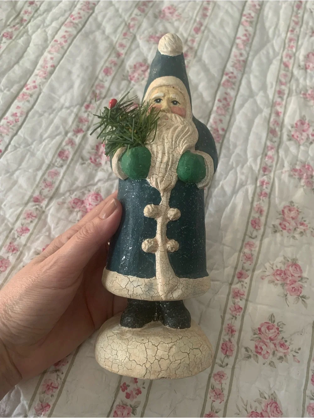 Blue Santa Figurine Holiday Decor - Hand-Painted Vintage Style